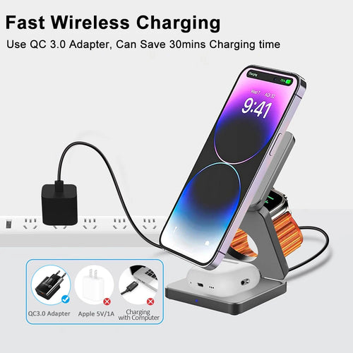 3 in 1 Magnetic Wireless Charger for iPhone Foldable Fast Wireless Charging Station for iPhone 16 15 14 13 12 Charger Stand
