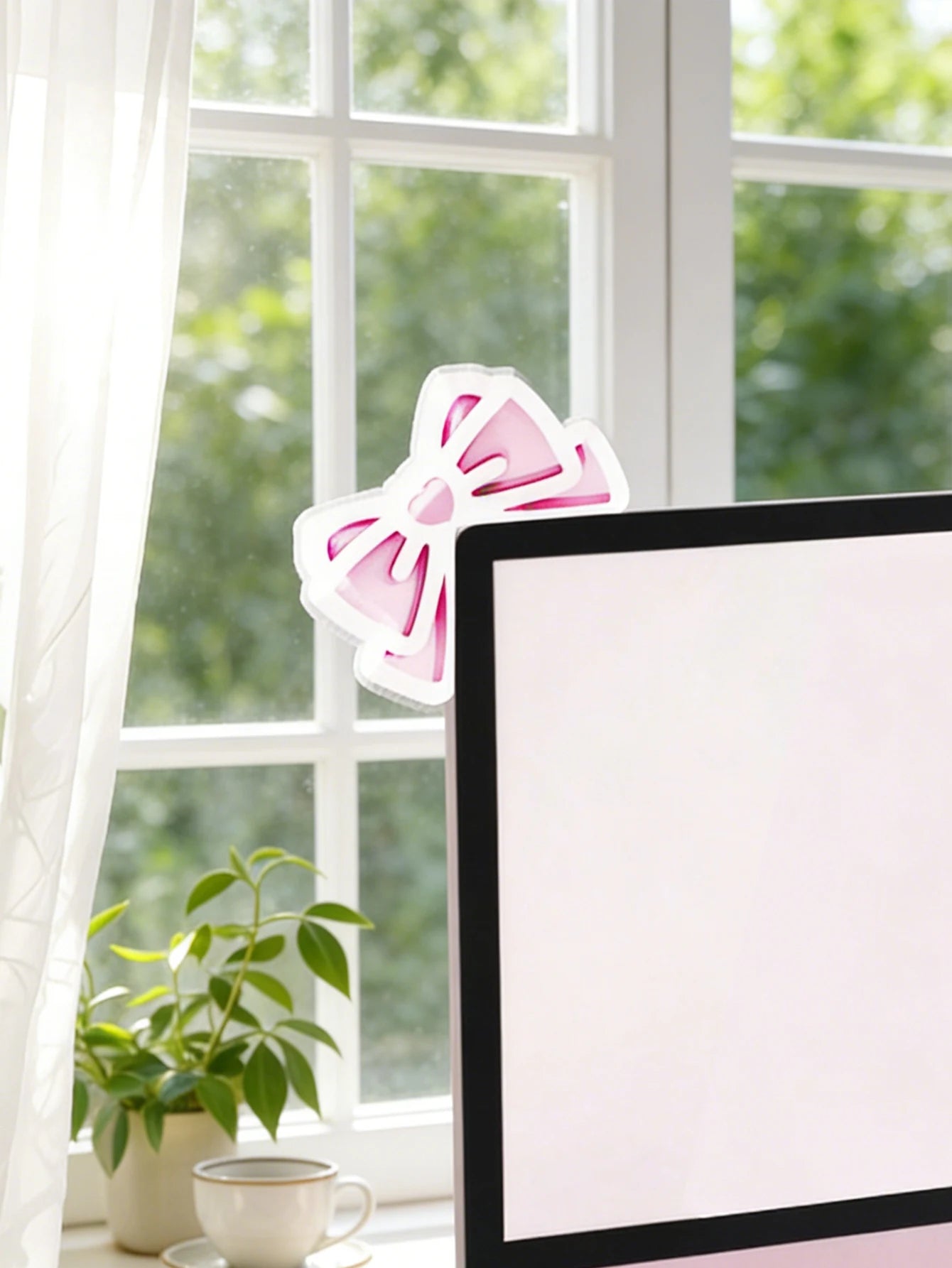 Kawaii Bow Monitor Decor Pink Acrylic Bowknot PC Accessories Cute Desktop Decoration for Gaming Setup,Screen,Home Office & Gift