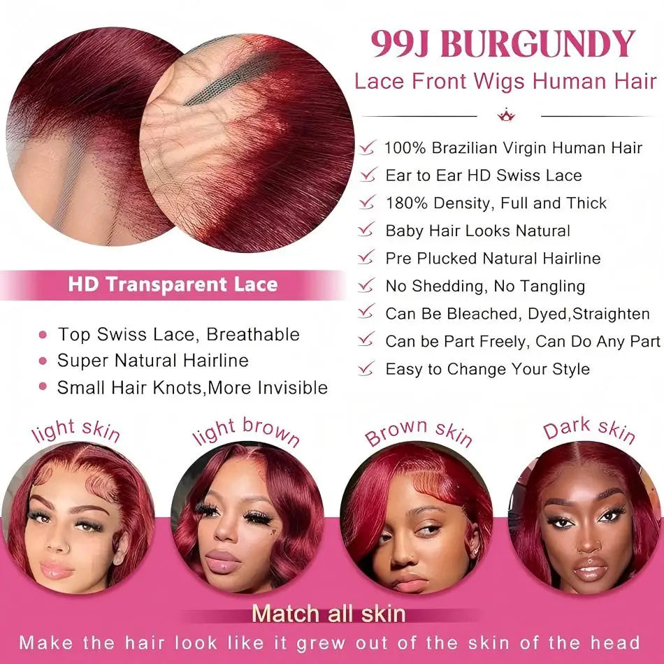 99j Burgundy Lace Front Wigs Human Hair 13x6 Hd Transparent For Black Women Body Wave Lace Front Pre Plucked Human Hair Wigs