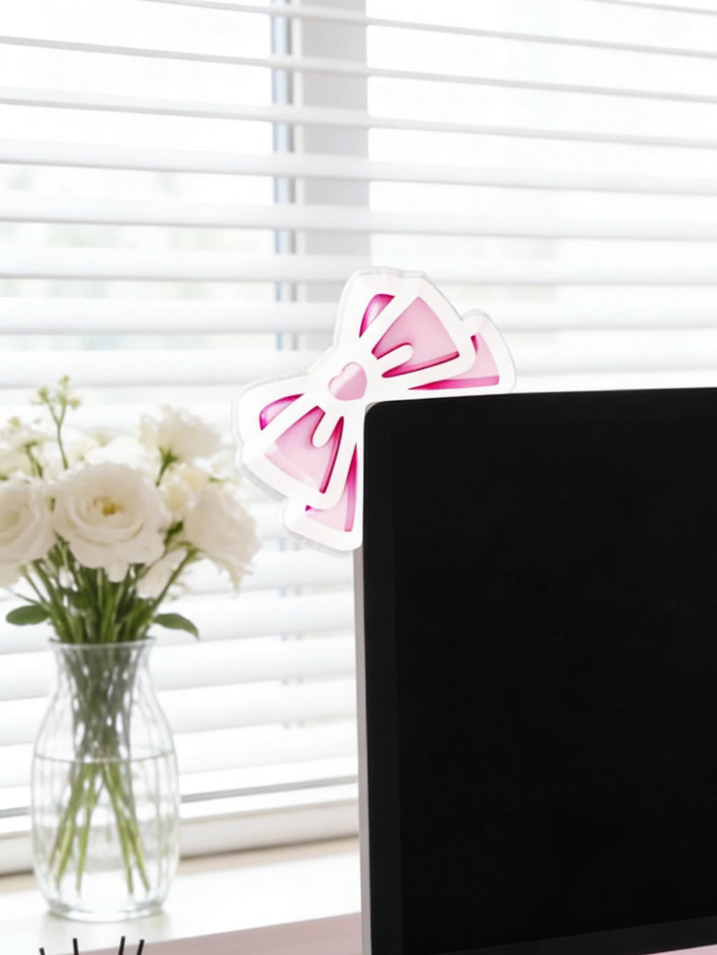 Kawaii Bow Monitor Decor Pink Acrylic Bowknot PC Accessories Cute Desktop Decoration for Gaming Setup,Screen,Home Office & Gift