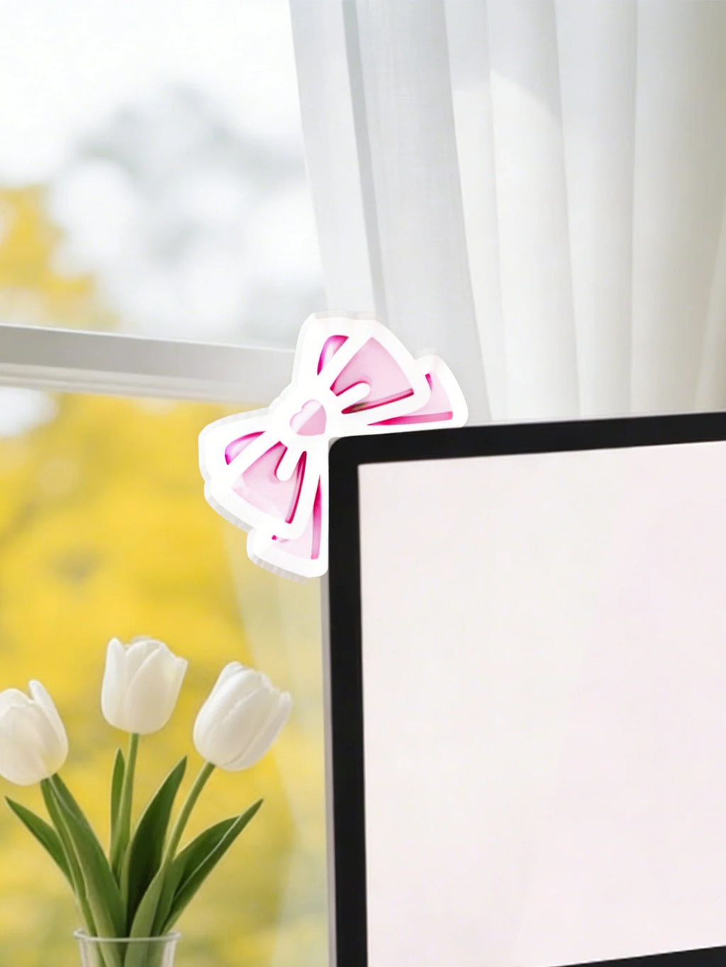 Kawaii Bow Monitor Decor Pink Acrylic Bowknot PC Accessories Cute Desktop Decoration for Gaming Setup,Screen,Home Office & Gift